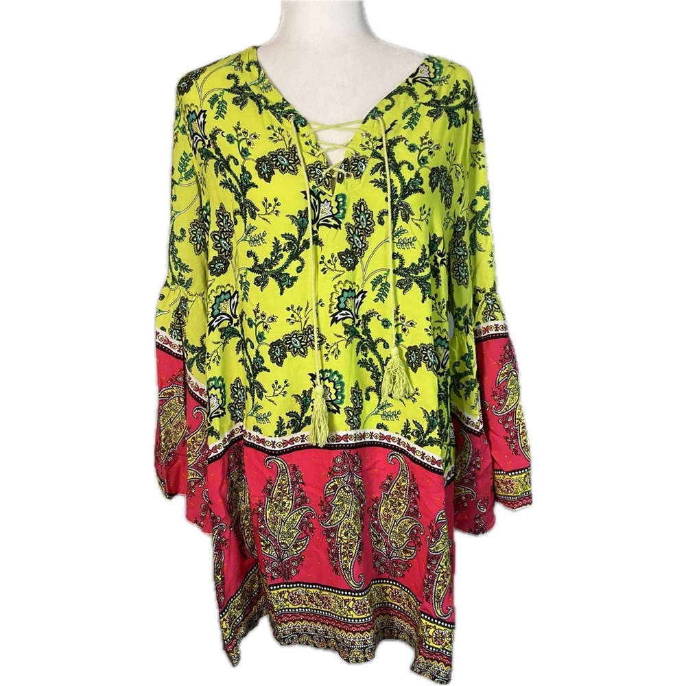Velzera Lime Green & Magenta Boho‎ Lace-Up Tunic